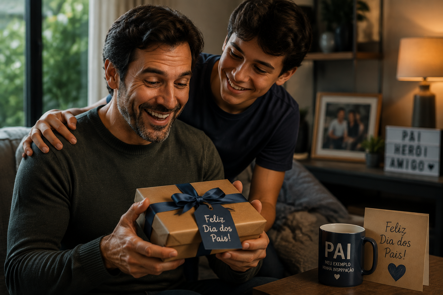 pai recebendo do seu filho o presente para o dia dos pais